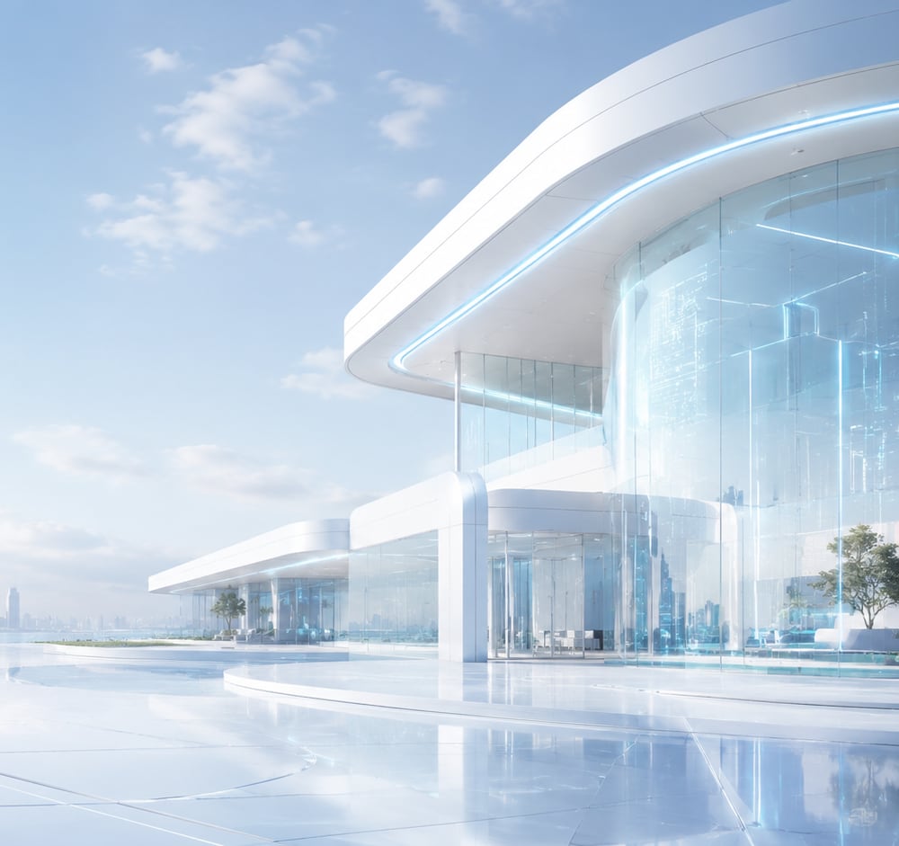 Helle futuristische Architektur aus weißen Schalen und Glas mit dezenten blauen Lichtlinien, im Hintergrund eine Skyline