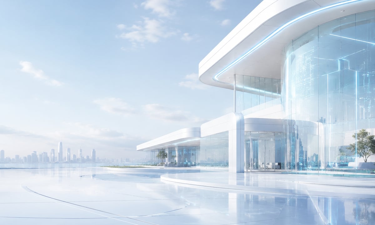 Helle futuristische Architektur aus weißen Schalen und Glas mit dezenten blauen Lichtlinien, im Hintergrund eine Skyline